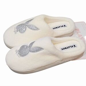 Playboy Silver Glitter Bunny Logo Indoor/Outdoor Memory Foam Slippers